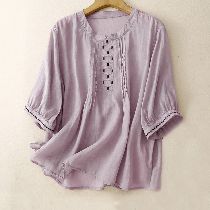 Buddha Stones Maglietta da donna in cotone e lino con scollo rotondo e pieghe a mezza manica - Prugna - US14, UK/AU18, EU46 (2XL) - image 18