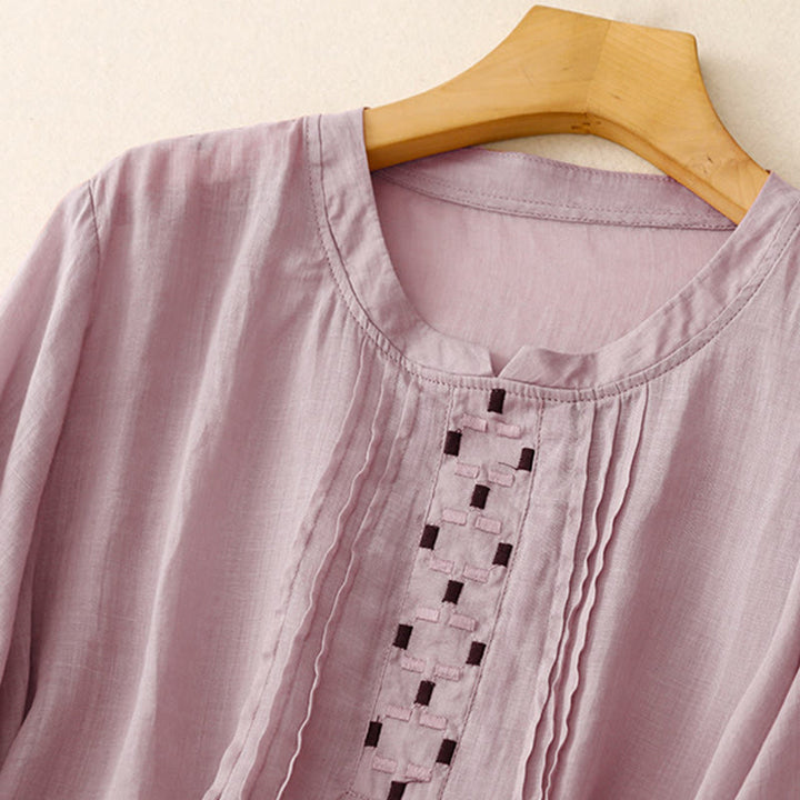 Buddha Stones Maglietta da donna in cotone e lino con scollo rotondo e pieghe a mezza manica - image 24