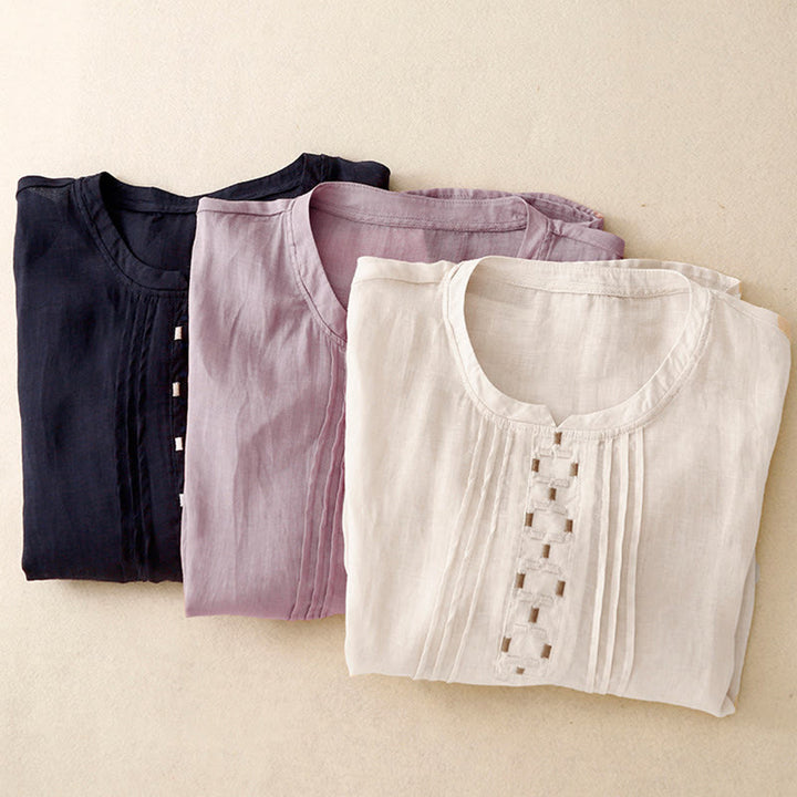 Buddha Stones Maglietta da donna in cotone e lino con scollo rotondo e pieghe a mezza manica - image 25