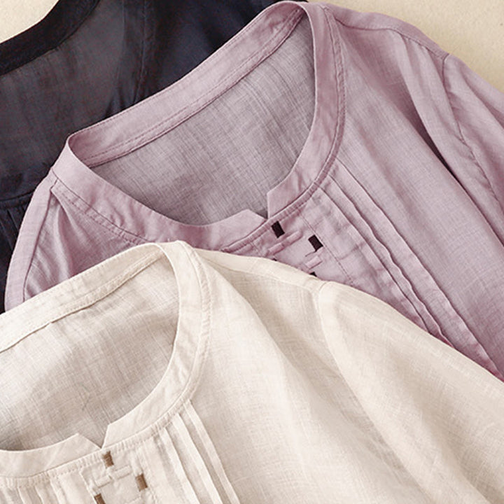 Buddha Stones Maglietta da donna in cotone e lino con scollo rotondo e pieghe a mezza manica - image 26