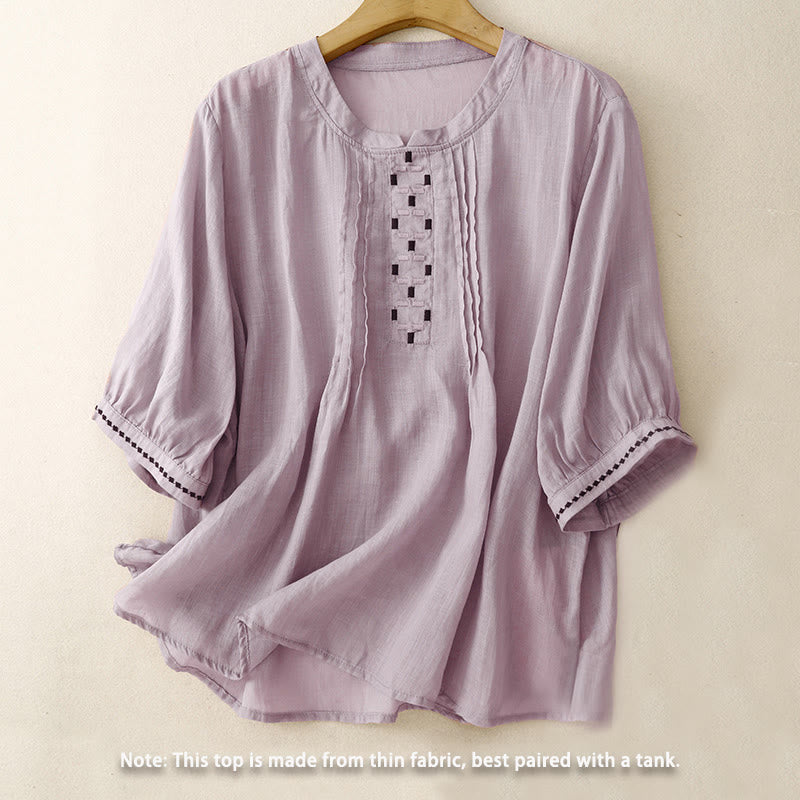 Buddha Stones Maglietta da donna in cotone e lino con scollo rotondo e pieghe a mezza manica - image 19