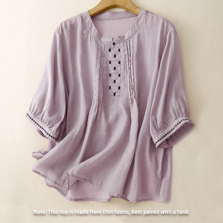 Buddha Stones Maglietta da donna in cotone e lino con scollo rotondo e pieghe a mezza manica - image 19