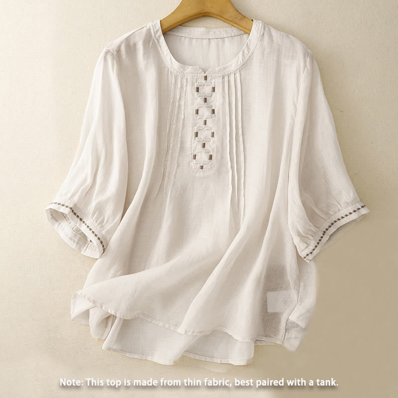 Buddha Stones Maglietta da donna in cotone e lino con scollo rotondo e pieghe a mezza manica - image 1