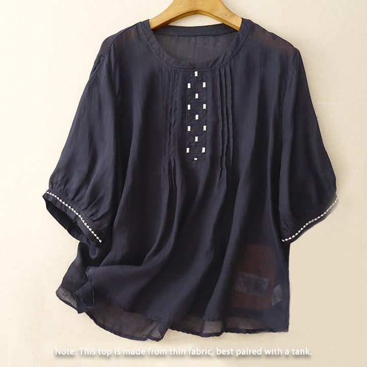 Buddha Stones Maglietta da donna in cotone e lino con scollo rotondo e pieghe a mezza manica - image 12