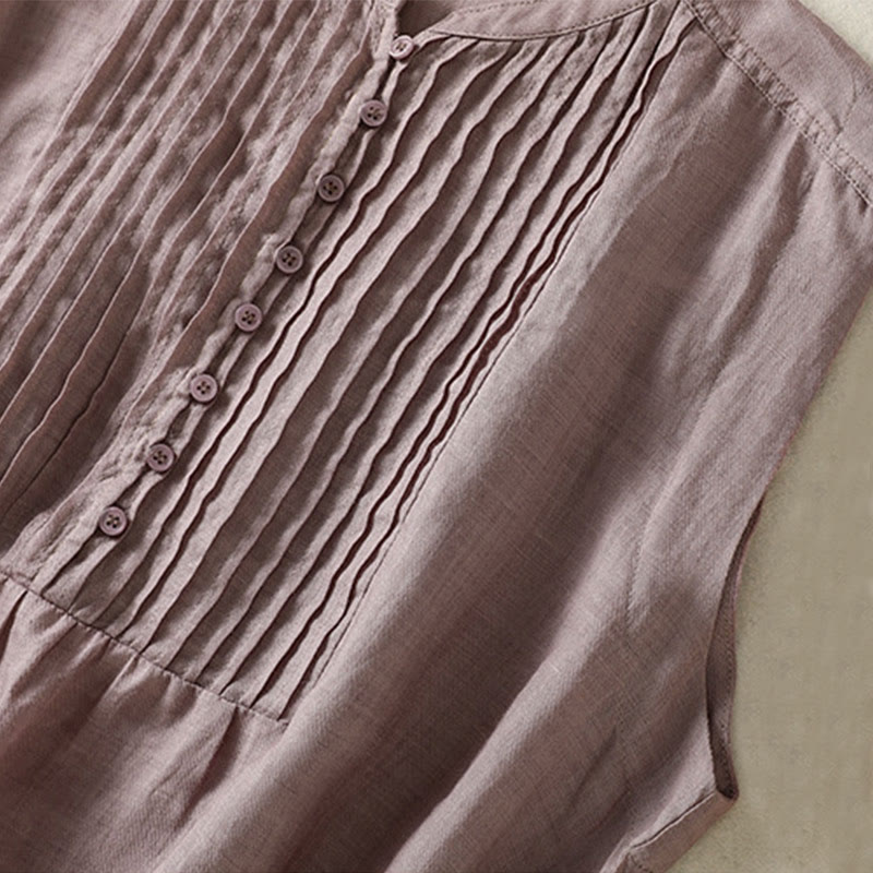 Buddha Stones Camicia casual da donna in cotone e lino con maniche corte, senza maniche e design plissettato - image 8