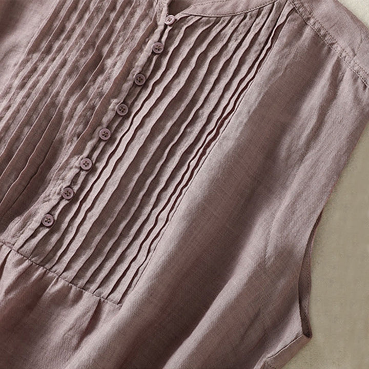 Buddha Stones Camicia casual da donna in cotone e lino con maniche corte, senza maniche e design plissettato - image 8