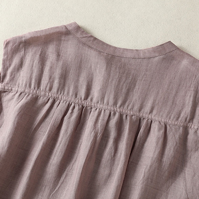 Buddha Stones Camicia casual da donna in cotone e lino con maniche corte, senza maniche e design plissettato - image 7