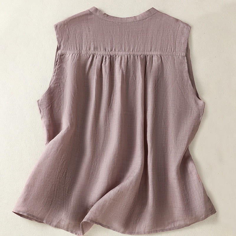 Buddha Stones Camicia casual da donna in cotone e lino con maniche corte, senza maniche e design plissettato - image 1