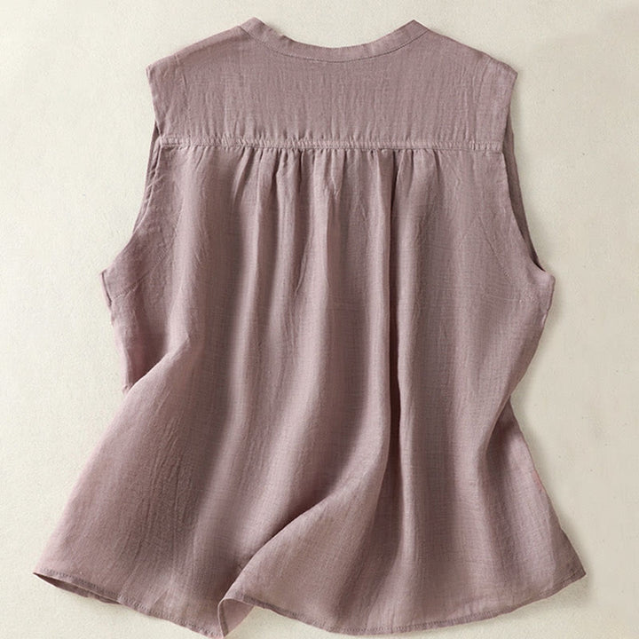 Buddha Stones Camicia casual da donna in cotone e lino con maniche corte, senza maniche e design plissettato - image 1