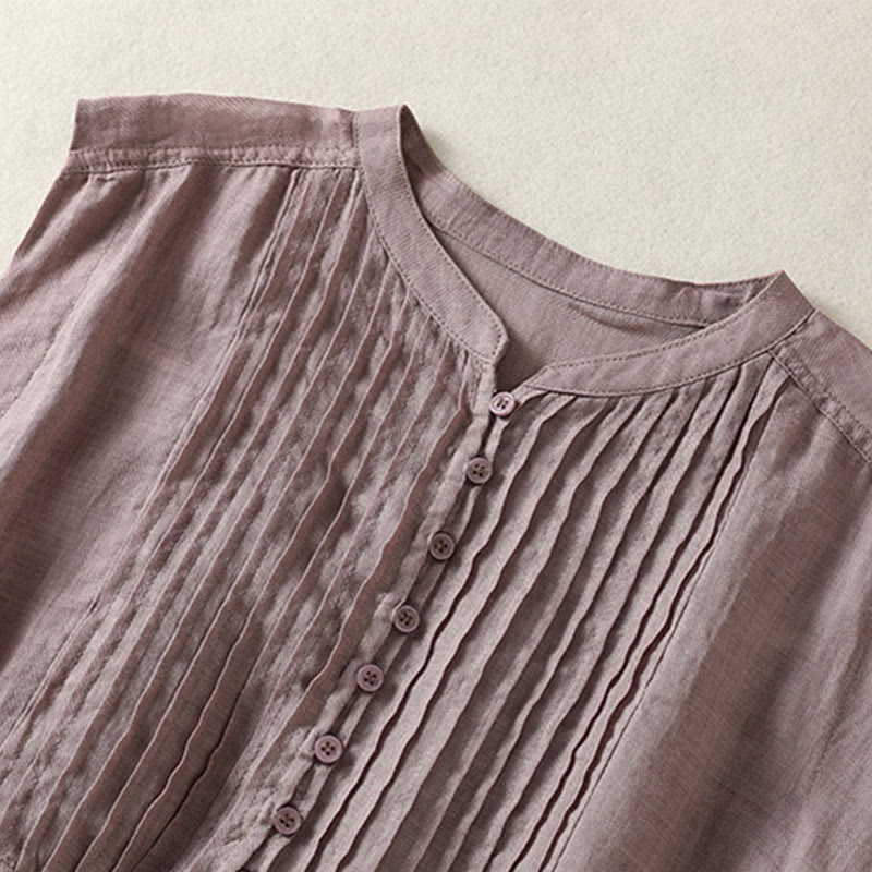 Buddha Stones Camicia casual da donna in cotone e lino con maniche corte, senza maniche e design plissettato - image 3