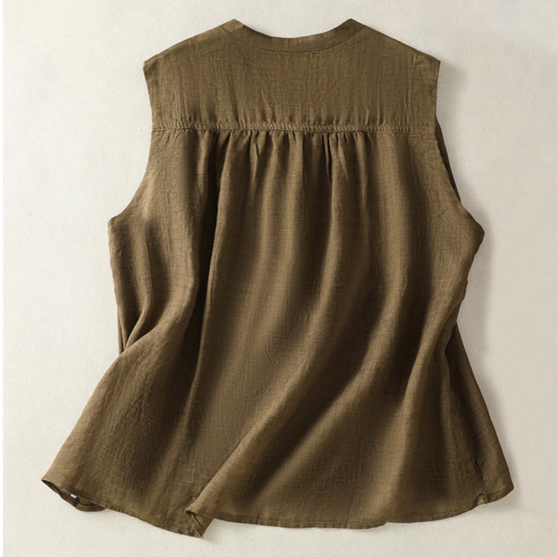 Buddha Stones Camicia casual da donna in cotone e lino con maniche corte, senza maniche e design plissettato - image 10