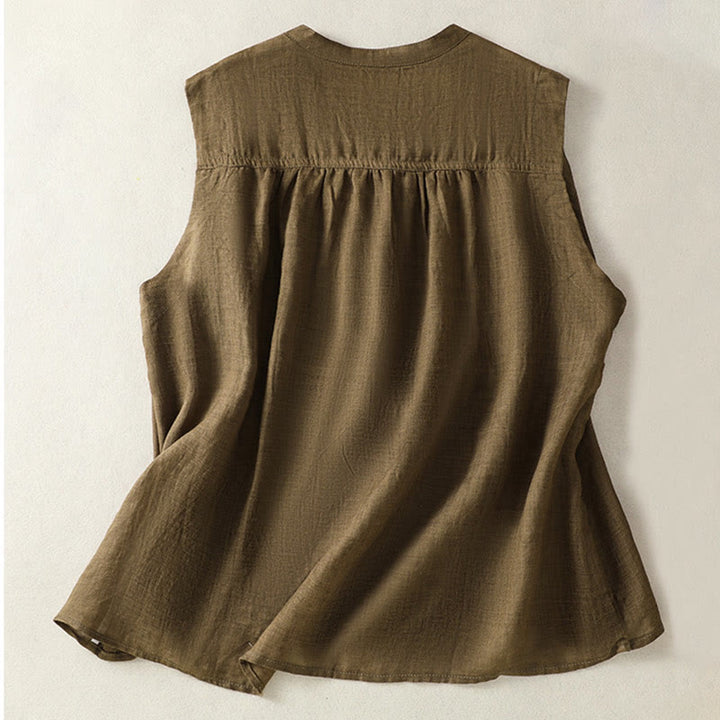 Buddha Stones Camicia casual da donna in cotone e lino con maniche corte, senza maniche e design plissettato - image 10
