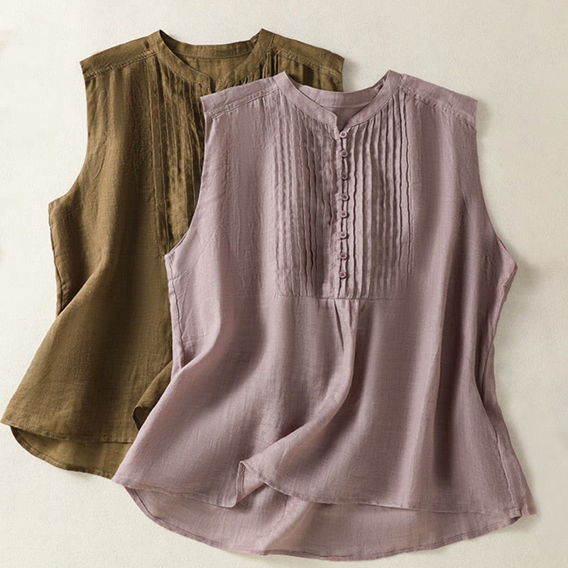 Buddha Stones Camicia casual da donna in cotone e lino con maniche corte, senza maniche e design plissettato - image 18