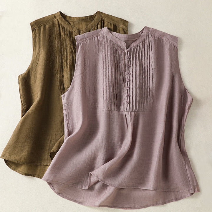 Buddha Stones Camicia casual da donna in cotone e lino con maniche corte, senza maniche e design plissettato - image 18
