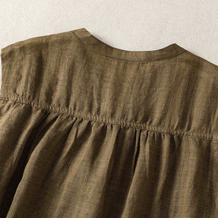 Buddha Stones Camicia casual da donna in cotone e lino con maniche corte, senza maniche e design plissettato - image 12