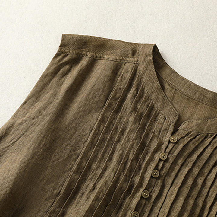 Buddha Stones Camicia casual da donna in cotone e lino con maniche corte, senza maniche e design plissettato - image 14