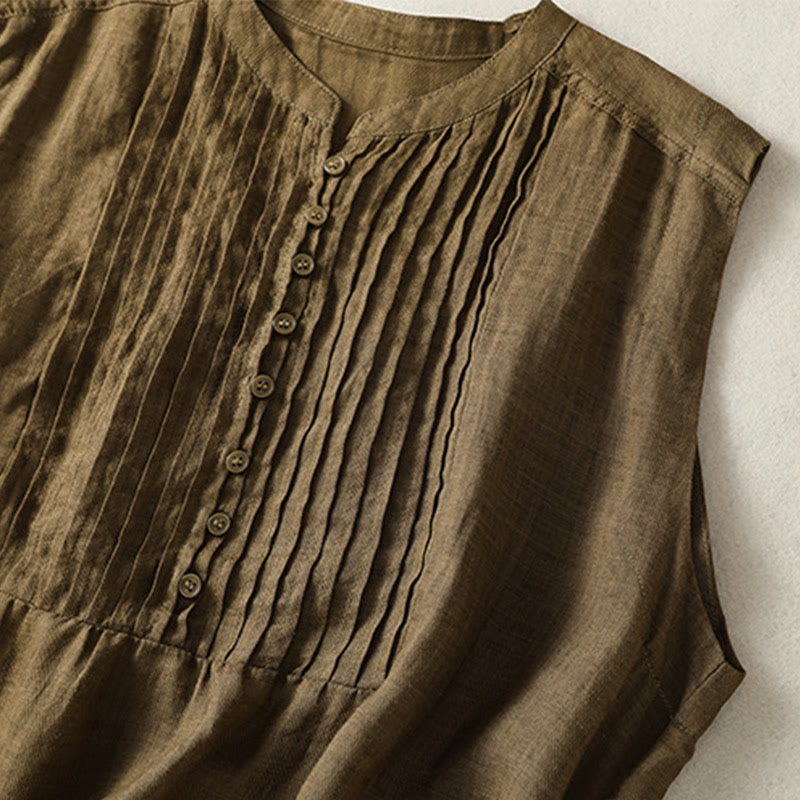 Buddha Stones Camicia casual da donna in cotone e lino con maniche corte, senza maniche e design plissettato - image 16