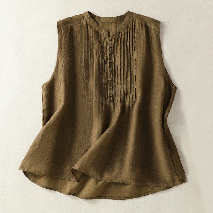 Buddha Stones Camicia casual da donna in cotone e lino con maniche corte, senza maniche e design plissettato - Oliva - US14, UK/AU18, EU46 (2XL) - image 9