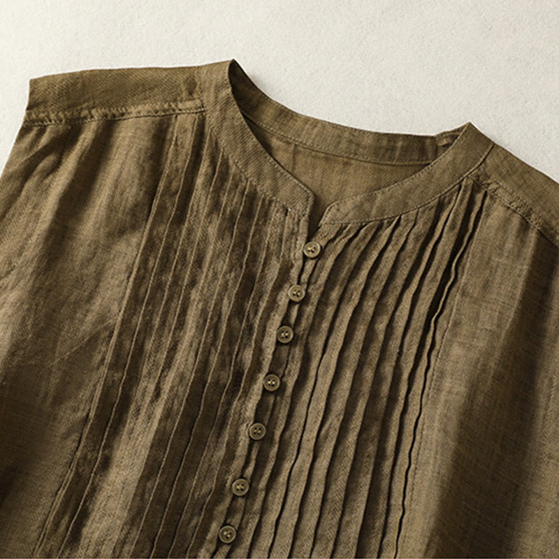 Buddha Stones Camicia casual da donna in cotone e lino con maniche corte, senza maniche e design plissettato - image 15