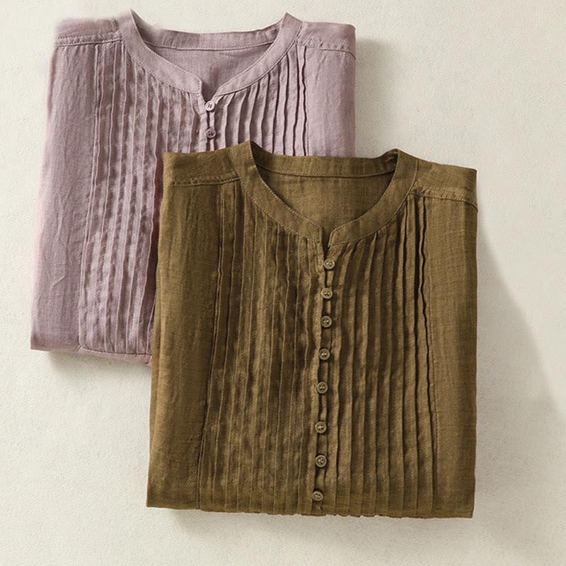 Buddha Stones Camicia casual da donna in cotone e lino con maniche corte, senza maniche e design plissettato - image 19