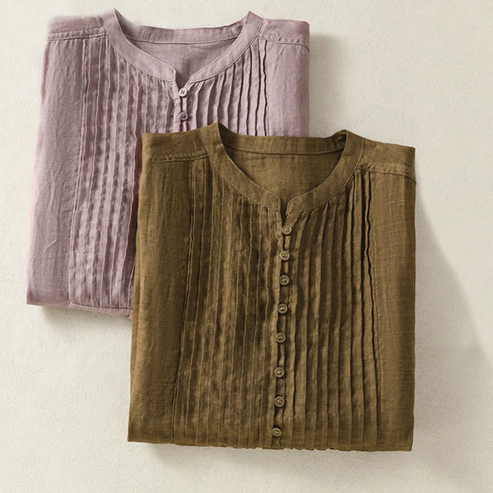 Buddha Stones Camicia casual da donna in cotone e lino con maniche corte, senza maniche e design plissettato - image 19