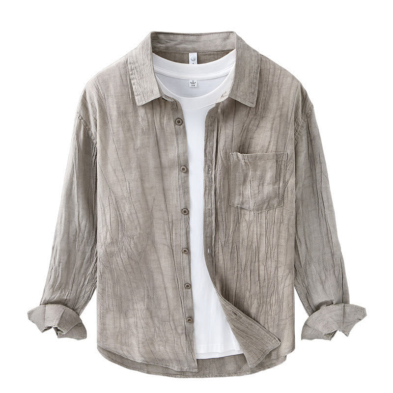 Camicia da uomo in lino ramiè con maniche lunghe, tasche, pieghe retrò, bottoni Buddha Stones - image 16