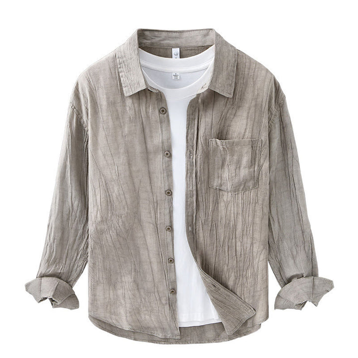 Camicia da uomo in lino ramiè con maniche lunghe, tasche, pieghe retrò, bottoni Buddha Stones - image 16