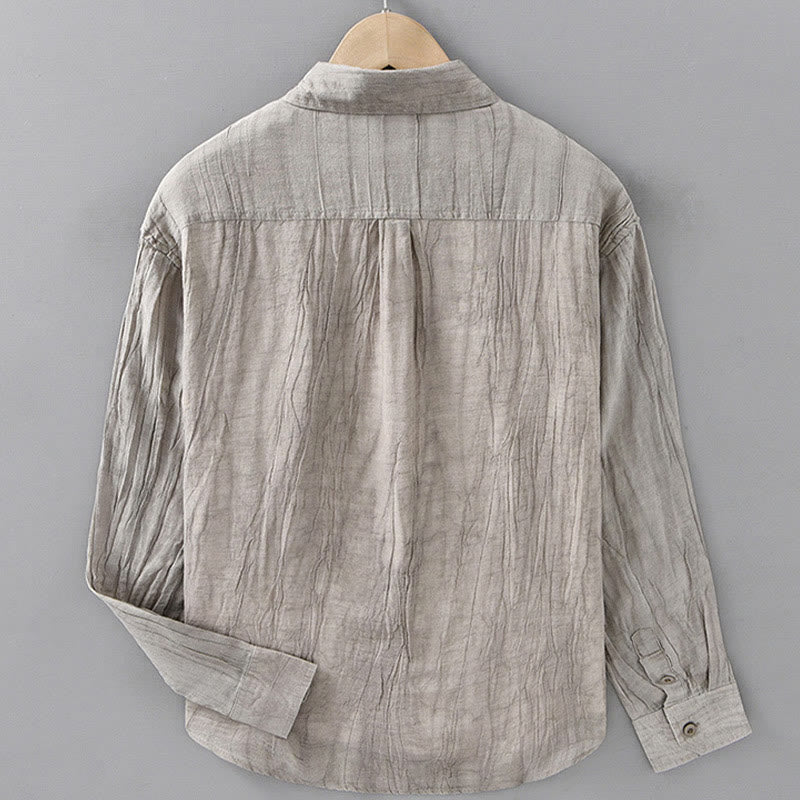 Camicia da uomo in lino ramiè con maniche lunghe, tasche, pieghe retrò, bottoni Buddha Stones - image 10
