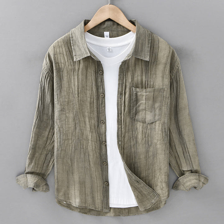 Camicia da uomo in lino ramiè con maniche lunghe, tasche, pieghe retrò, bottoni Buddha Stones - GialloVerde - US/UK/AU42, EU52 (3XL) - image 5