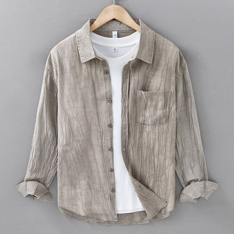 Camicia da uomo in lino ramiè con maniche lunghe, tasche, pieghe retrò, bottoni Buddha Stones - Abbronzatura - US/UK/AU42, EU52 (3XL) - image 9