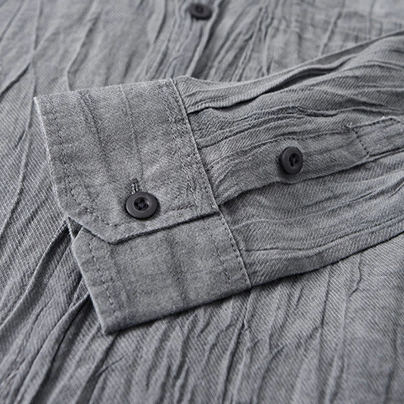 Camicia da uomo in lino ramiè con maniche lunghe, tasche, pieghe retrò, bottoni Buddha Stones - image 4