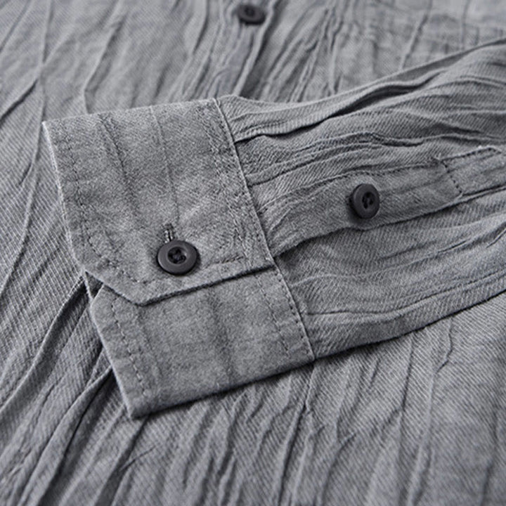 Camicia da uomo in lino ramiè con maniche lunghe, tasche, pieghe retrò, bottoni Buddha Stones - image 4