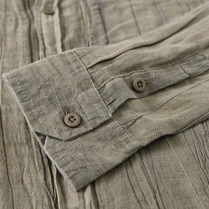 Camicia da uomo in lino ramiè con maniche lunghe, tasche, pieghe retrò, bottoni Buddha Stones - image 7