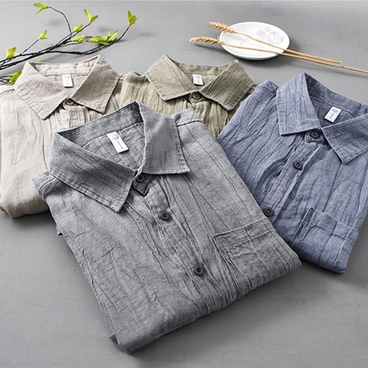 Camicia da uomo in lino ramiè con maniche lunghe, tasche, pieghe retrò, bottoni Buddha Stones - image 22