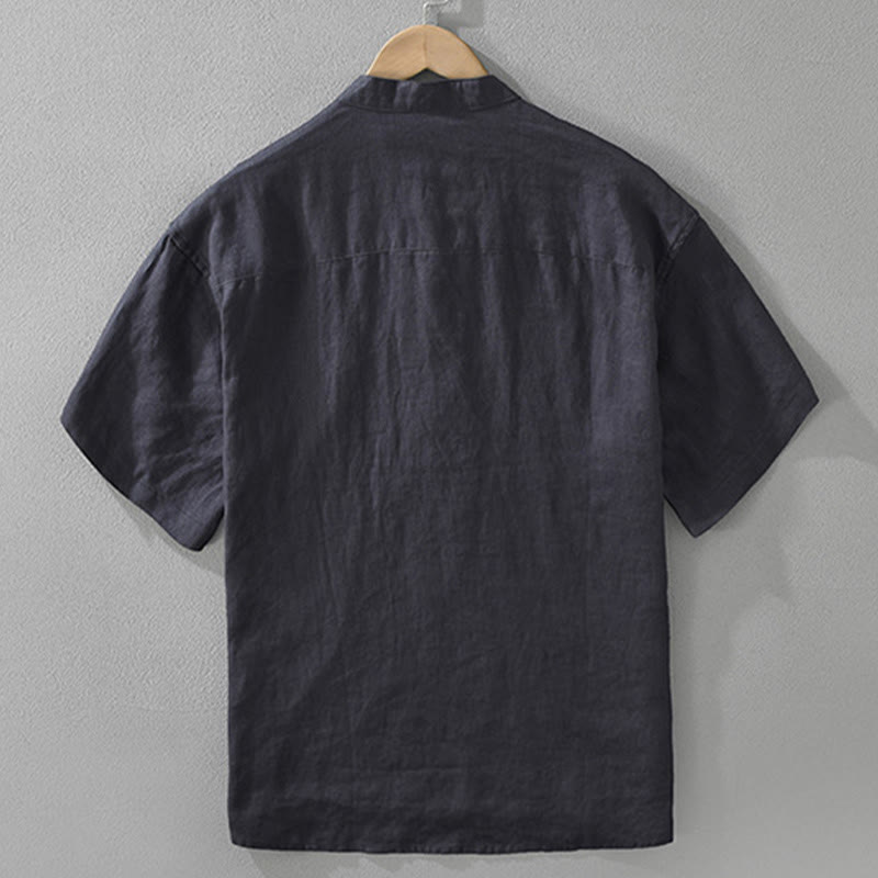 Camicia da uomo in lino a maniche corte con risvolto, modello Buddha Stones Summer, con bottoni e tasca - image 4