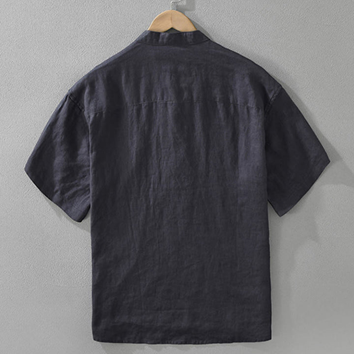 Camicia da uomo in lino a maniche corte con risvolto, modello Buddha Stones Summer, con bottoni e tasca - image 4