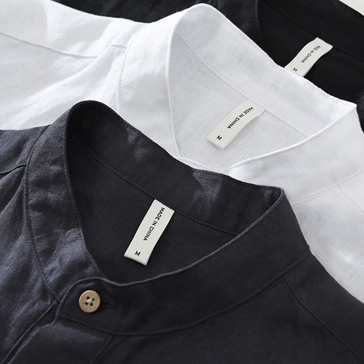 Camicia da uomo in lino a maniche corte con risvolto, modello Buddha Stones Summer, con bottoni e tasca - image 15