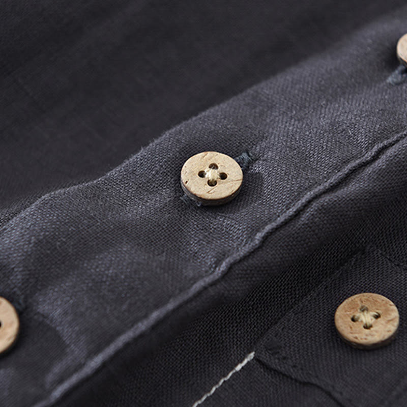 Camicia da uomo in lino a maniche corte con risvolto, modello Buddha Stones Summer, con bottoni e tasca - image 8