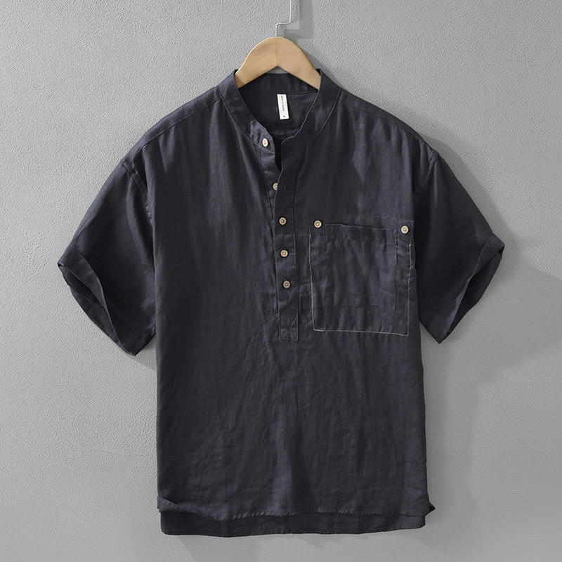 Camicia da uomo in lino a maniche corte con risvolto, modello Buddha Stones Summer, con bottoni e tasca - Blu notte - US/UK/AU42, EU52 (3XL) - image 3