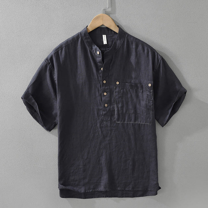 Camicia da uomo in lino a maniche corte con risvolto, modello Buddha Stones Summer, con bottoni e tasca - Blu notte - US/UK/AU42, EU52 (3XL) - image 3