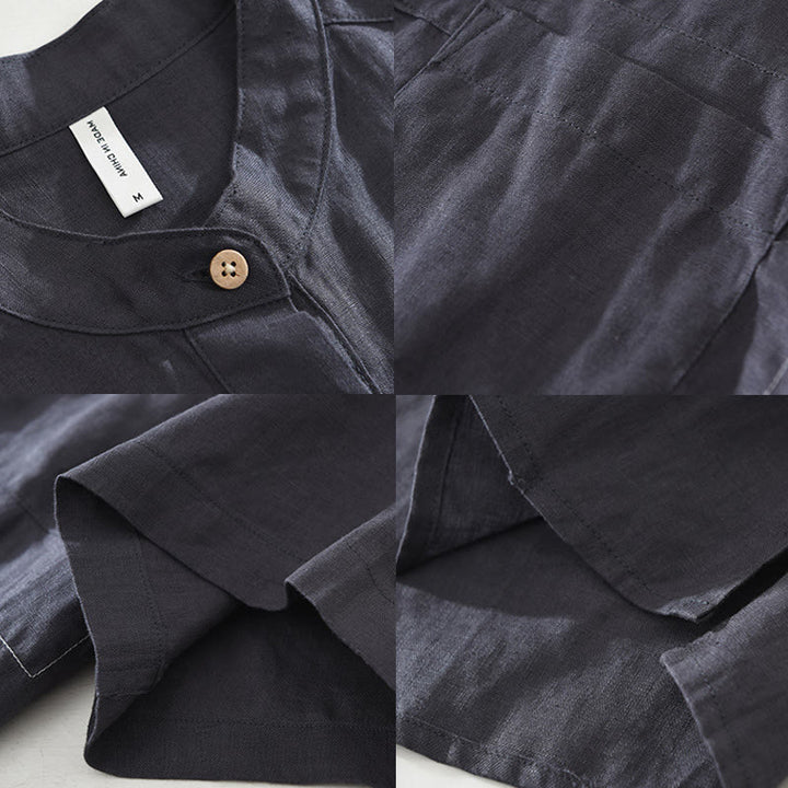 Camicia da uomo in lino a maniche corte con risvolto, modello Buddha Stones Summer, con bottoni e tasca - image 14