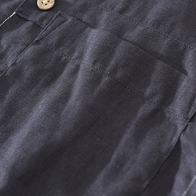 Camicia da uomo in lino a maniche corte con risvolto, modello Buddha Stones Summer, con bottoni e tasca - image 9