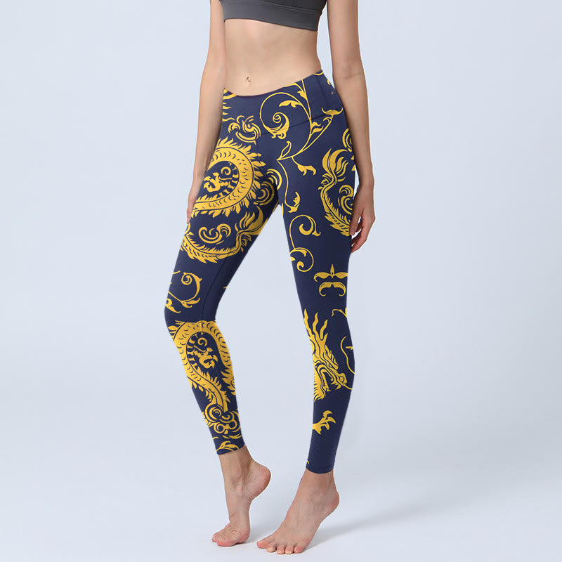 Leggings da palestra con stampa Buddha Stones Golden Dragons Vine, pantaloni da yoga da donna - Blu scuro - US18, UK/AU22, EU50 (4XL) - image 0