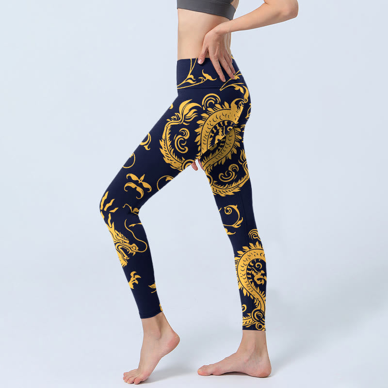 Leggings da palestra con stampa Buddha Stones Golden Dragons Vine, pantaloni da yoga da donna - image 3