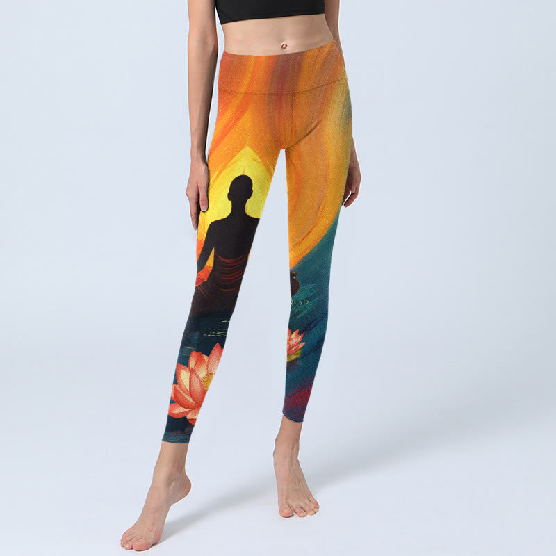 Buddha Stones Leggings da palestra con stampa di fiori di loto e figura meditativa, pantaloni da yoga da donna - image 5