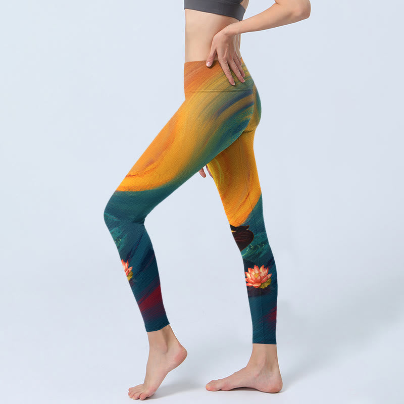 Buddha Stones Leggings da palestra con stampa di fiori di loto e figura meditativa, pantaloni da yoga da donna - image 2
