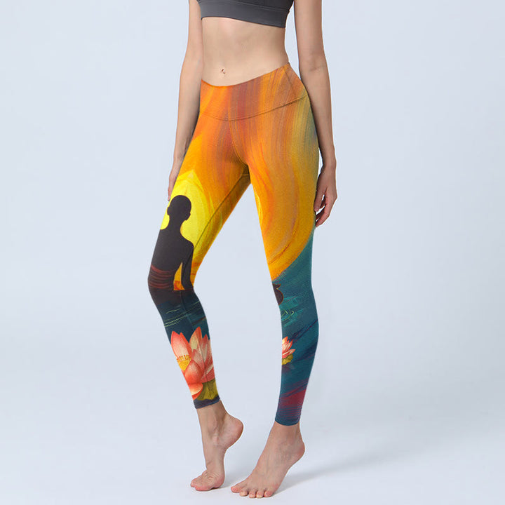 Buddha Stones Leggings da palestra con stampa di fiori di loto e figura meditativa, pantaloni da yoga da donna - SandyBrown - US18, UK/AU22, EU50 (4XL) - image 0