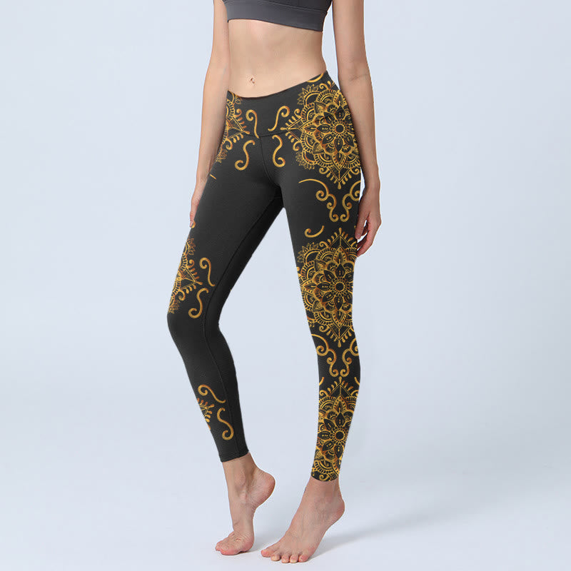 Buddha Stones Leggings da palestra con stampa di fiori mandala dorati, pantaloni da yoga da donna - Nero - US18, UK/AU22, EU50 (4XL) - image 0