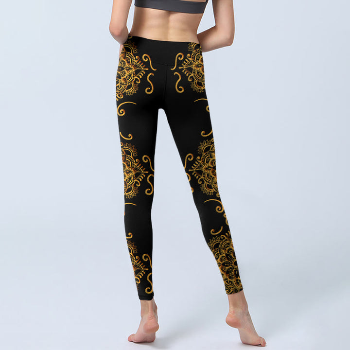 Buddha Stones Leggings da palestra con stampa di fiori mandala dorati, pantaloni da yoga da donna - image 6