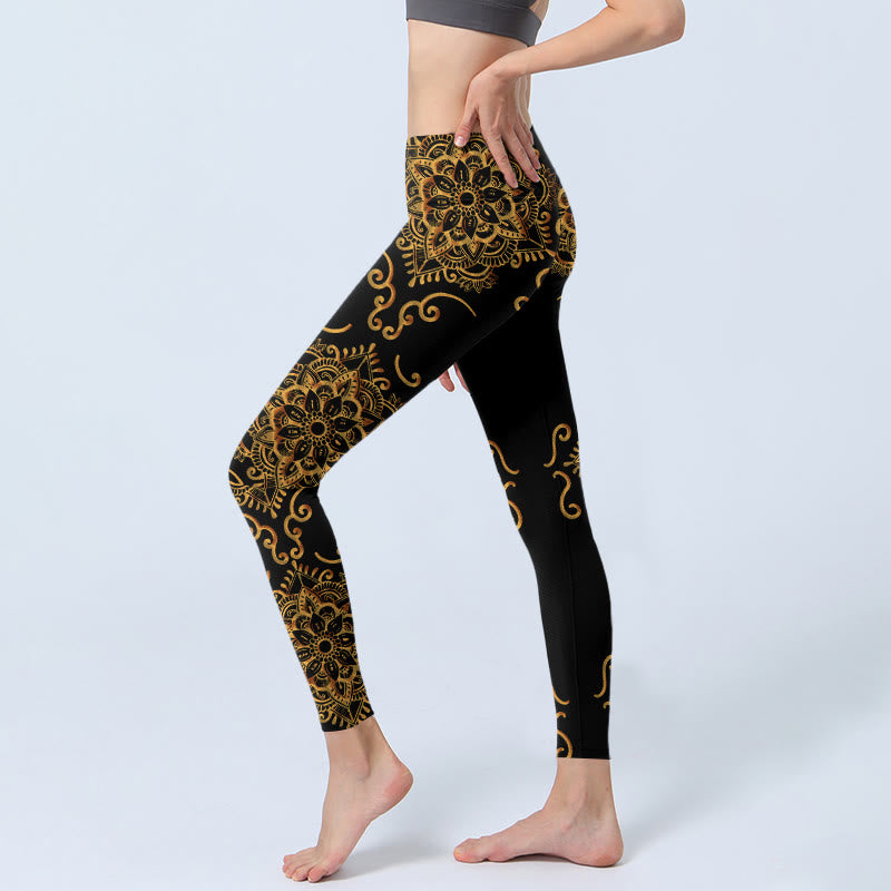 Buddha Stones Leggings da palestra con stampa di fiori mandala dorati, pantaloni da yoga da donna - image 2